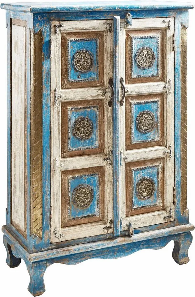 OTTO home Highboard Mahar Kommode mit 2 Türen, 3 Fächern und Metallgriffen, 120cm hoch, Stauraumschrank, Höhe 120 cm, mit aufwendiger Schnitzerei, Blau, – Produktbild 2 von 4