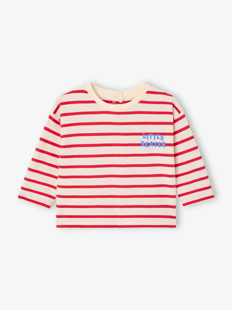 Vertbaudet Gestreiftes Baby Shirt mit Druckknöpfen hinten, Rot, – Produktbild 1 von 3
