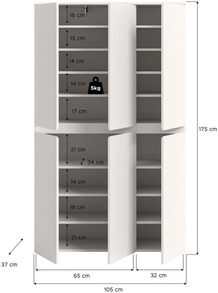 xonox.home Mehrzweckschrank in weiß inkl. Kleiderstange und Einlegeböden B/H/T: 105 x 175 x 37 cm, Weiß, – Produktbild 5 von 5
