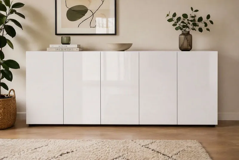 Home affaire Sideboard MISTER – Schrank, Kommode, 225 cm breit, 80 cm hoch, Made in Italy, komplett Hochglanz lackiert, 5 Türen, 6 Fächer, Weiß, – Produktbild 1 von 5