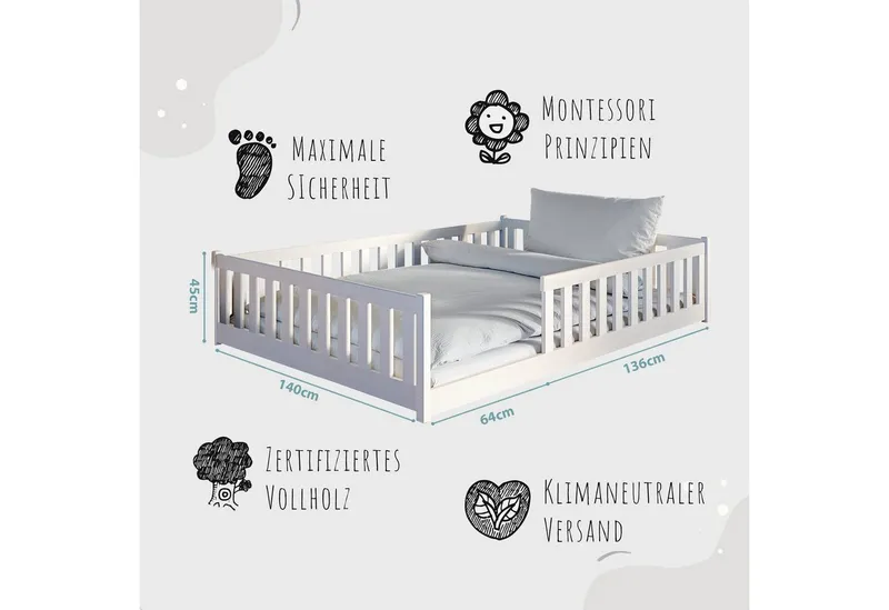 Kids Collective Kinderbett Bodenbett Bett mit Rausfallschutz & Lattenrost Montessori Bett Kinder (Jungen, Mädchen, Kinder, weitere Größen 80x160, 80x180, 90x190, 90x200, 120x200 cm), Jugendbett Gitterbett Einzelbett mit Matratze, Weiß 140x200 cm, Weiß, – Produktbild 3 von 5