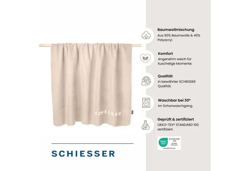 Schiesser Wohndecke Kuscheldecke Klara in Wendeoptik - Baumwoll-Mix - warm und flauschig, Schiesser, OEKO-TEX® MADE IN GREEN, Beige, – Produktbild 1 von 5