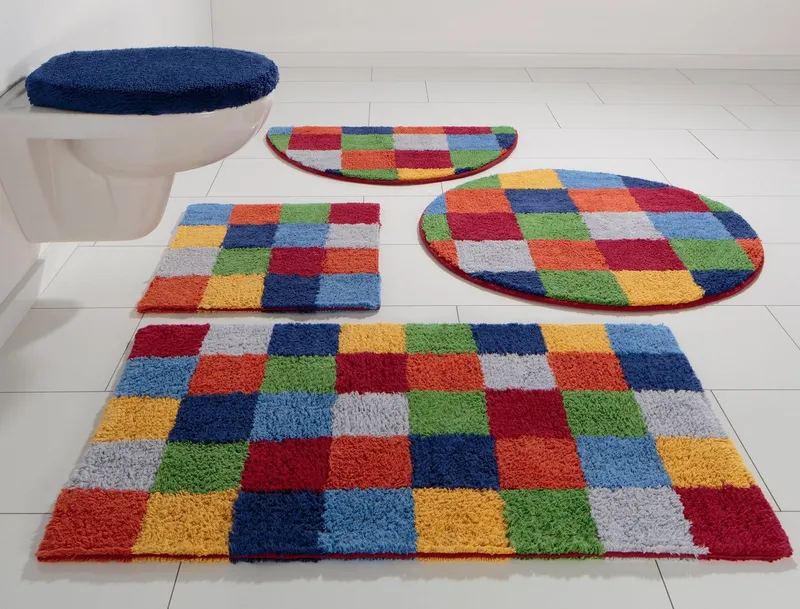 OTTO home Badematte Kira, Badvorleger, Badezimmer Teppich, Kästchen, Höhe 12 mm, beidseitig nutzbar, strapazierfähig, fußbodenheizungsgeeignet, Baumwolle (Bio-Baumwolle), 2-tlg. Hänge-WC Set, bunt, Badteppich, Badematten auch als 2 teiliges Set erhältlich, Bunt, – Produktbild 2 von 5