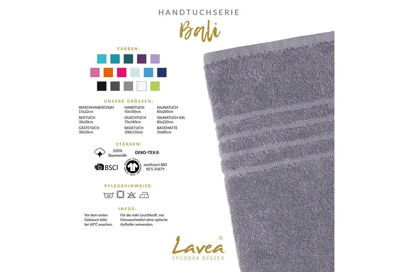 Lavea Saunatuch Bali Saunahandtuch 80x200 cm Saunahandtuch XXL 80x220 cm, Weiches Bio-Baumwollfrottee (1-St), pflegeleicht, GOTS-zertifiziert, extra saugstark mit 500g/m², Grau, – Produktbild 2 von 4