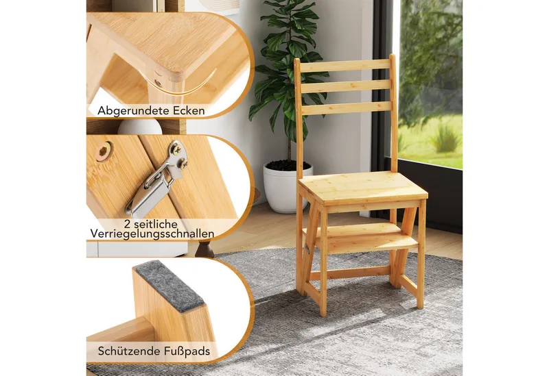 COSTWAY COSTWAY Trittleiter, 3 in 1, Klappstuhl, 3-Stufen, Bambus, 150kg, Beige, – Produktbild 4 von 5