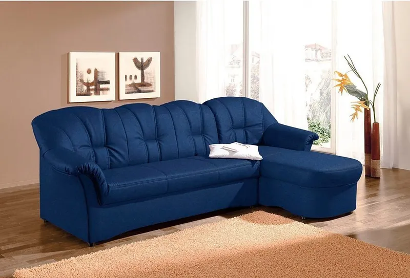 DOMO collection Ecksofa Papenburg, zeitlose Rückensteppung, elegante Formensprache, L-Form, in großer Farbvielfalt, wahlweise mit Bettfunktion, Blau, – Produktbild 2 von 5