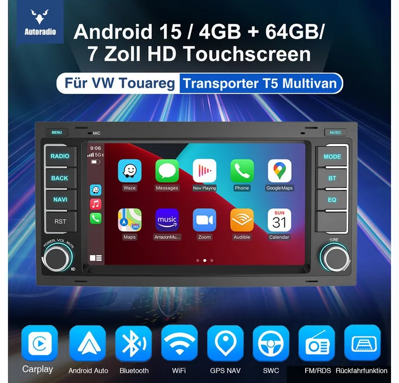 ESSGOO Für VW T5 Multivan Transporter Touareg Autoradio Android 15 Autoradio (RDS, Digitalradio (DAB), FM), Schwarz, – Produktbild 2 von 5