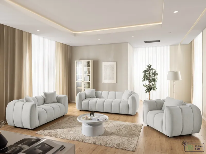 S-Style Möbel Polstergarnitur 3+2+1 Nubira in tief gesteppter Bubble-Optik aus Strukturstoff, mit modernem Design und Wellenfederung, Grau, – Produktbild 1 von 5