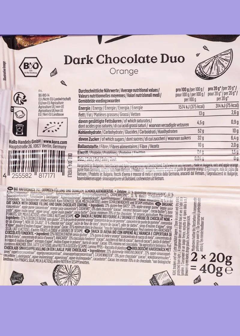 KoRo Bio Dark Chocolate Duo Orange 2 x 20 g – Produktbild 5 von 5
