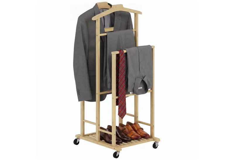 HOMCOM HOMCOM Garderobenständer Kleiderständer Garderobe mit Kleiderstangen aus Bambus, Schuhregal, (Set, 1 St., 1), für Schlafzimmer, Ausstellungen, Waschküche, Beige, – Produktbild 2 von 5