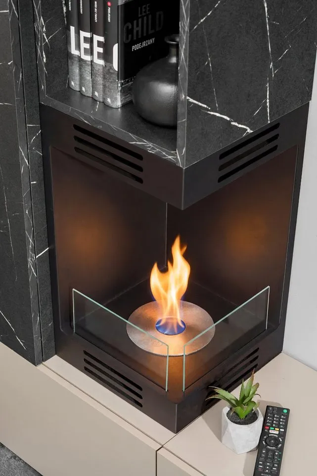 Inn.Furn Wohnwand Cosy, (TV Schrankwand in Marmor und hellem Grau, 6-St., integrierter Kamin, 270 x 158 cm), mit viel Stauraum und Push-To-Open-Funktion, Grau, – Produktbild 3 von 5