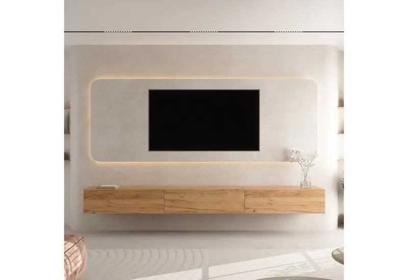 Planetmöbel TV-Schrank West TV-Board, Fernsehtisch 300 cm lang, TV-Lowboard (für Fernseher bis 85 Zoll, TV Schrank viel Stauraum, sideboard hängend, Fernsehschrank 3x 100 x 30 x 37,5 cm) gold eiche, Braun, – Produktbild 3 von 4