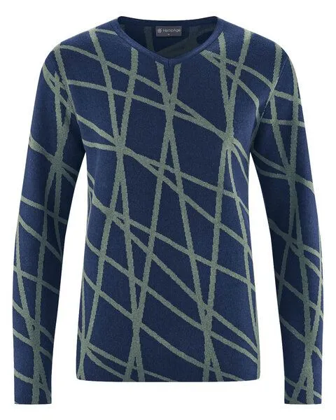 HempAge HempAge V-Kragen Pullover mit Muster Hanf/Biobaumwolle, Night-thyme (blau), – Produktbild 1 von 3