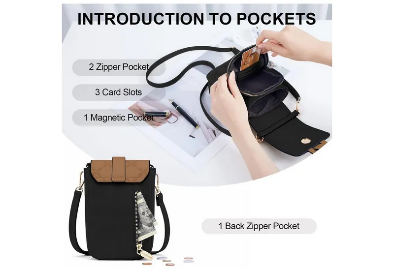 LuxusKollektion Umhängetasche Handytasche Damen Kunstleder RFID Umhängetasche groß Schwarz braun, Braun|schwarz, – Produktbild 4 von 5