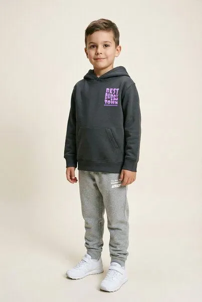 THE FACE OF ELEMENTS The Face of Elements Best Buddy in Town - Relaxed Fit Kids Hoodie aus 100% Bio-Baumwolle, Anthracite (grau), – Produktbild 2 von 4
