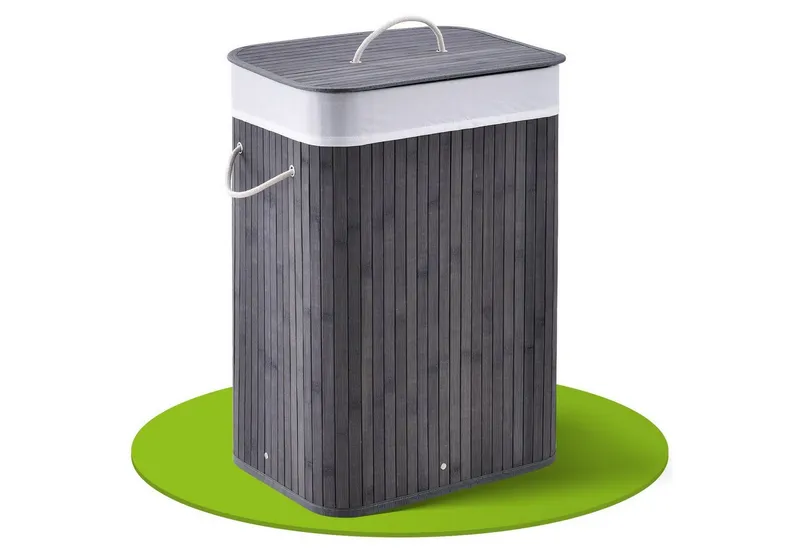 Juskys Wäschekorb Curly 72 L in Grau aus Bambus mit Deckel & waschbarem Wäschesack, Wäschesammler für 2 Personen, faltbar mit Griffen, 40 x 30 x 60 cm, Grau, – Produktbild 1 von 5