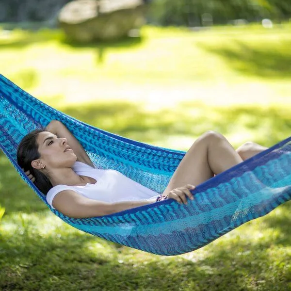 MacaMex MacaMex Mexikanische Netzhängematte Matrimonial Baumwolle, Caribe (dunkelblau-hellblau), – Produktbild 4 von 4