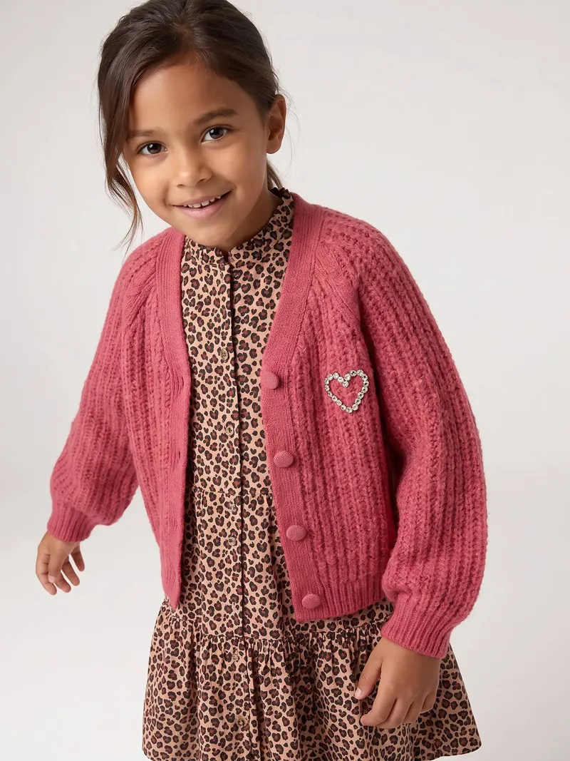 Vertbaudet Mädchen Strickjacke mit Schmuckstein-Herzapplikation Wollmix 43% Recycling-Polyester GRS-zertifiziert, Altrosa, – Produktbild 2 von 3