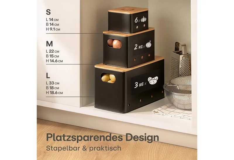 Praknu Vorratsdose Kartoffel Aufbewahrungsbox 3er Set - Mit Belüftung für längere Frische, Eisen, FSC® Bambus, (Aufbewahrungsbox-Set, 7-tlg., 3 Boxen inkl. Zubehör), Stapelbar, Mit FSC® Bambusdeckel, Mit Etiketten & Stift, Schwarz, – Produktbild 5 von 5