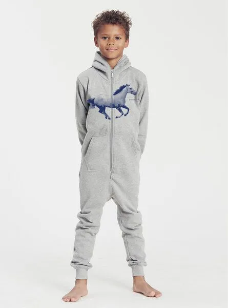 Peaces.bio - handbedruckte Biomode Peaces.bio - handbedruckte Biomode Jumpsuit Horsepower Kinder, Hellgrau, – Produktbild 3 von 3