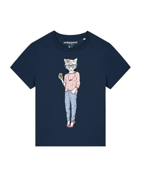 watapparel watapparel T-Shirt Frauen Hipster Cat with Moustache, French navy, – Produktbild 1 von 3