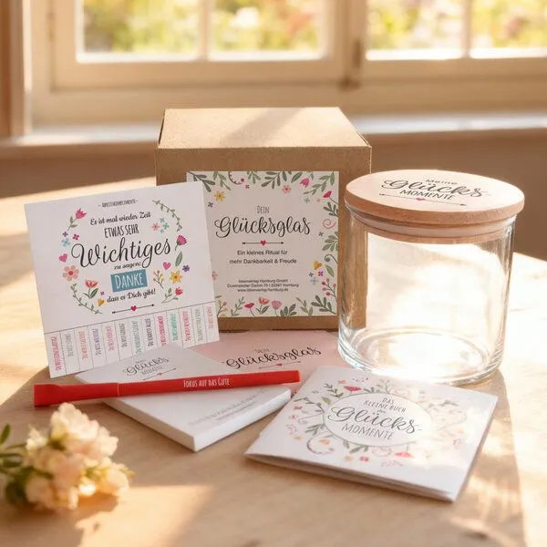 Ideenverlag Hamburg Ideenverlag Hamburg Gedankenglas® Glücksmomente-Set mit Holzdeckel, Notizblock, Stift & Buch | Achtsamkeitsglas & nachhaltiges Geschenk für Frauen – Produktbild 1 von 4