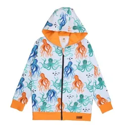 Walkiddy Kinder Kapuzenjacke GOTS zertifiziert, 95% Bio-Baumwolle, weiß/orange, Oktopus-Muster, Reißverschluss – Walkiddy – Produktbild 1 von 1