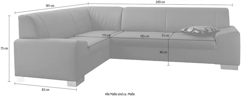DOMO collection Ecksofa Alisson, zeitlose Optik, flache Armlehnen, Breite 249cm, L-Form, fester Sitzkomfort, wahlweise mit Bettfunktion, Grau, – Produktbild 7 von 7