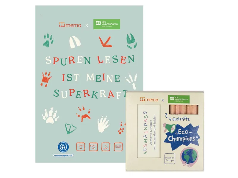 Memo memo x SOS-Kinderdörfer weltweit Set mit Malblock DIN A4 + 6 Buntstiften und Legespiel – Produktbild 1 von 1