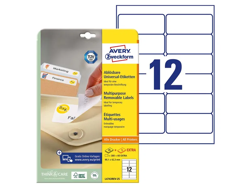 Avery Zweckform 300 Stick+Lift Etiketten 99,1 x 42,3 mm, A4 – Produktbild 2 von 3