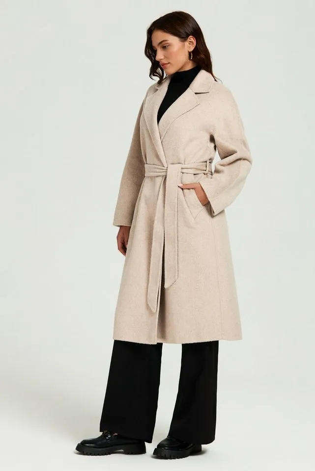 FS Collection Langmantel Damen Oversize-Mantel Langmantel aus Wollgemisch Beige S-XL Bindegürtel, Seitentaschen, handgefertigt, ungefüttert – Produktbild 4 von 4