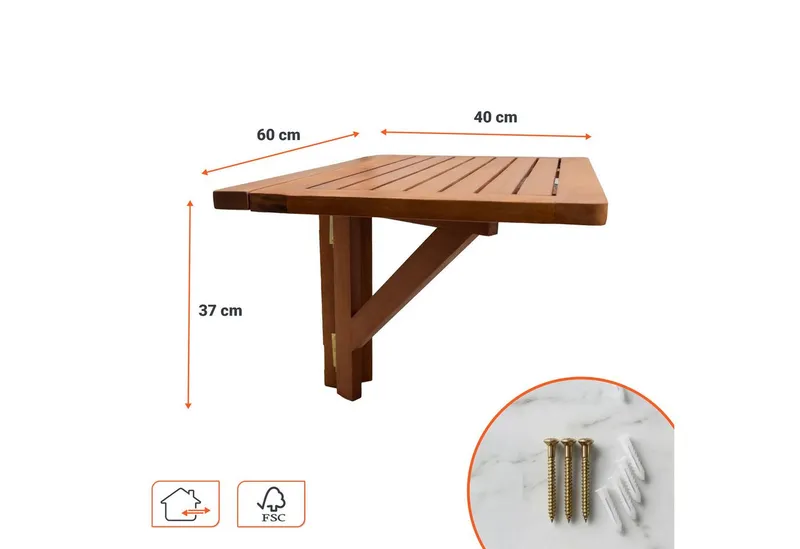Spetebo Balkonhängetisch Eukalyptus Holz Balkon Hängetisch 60x40cm, Beige, – Produktbild 2 von 5