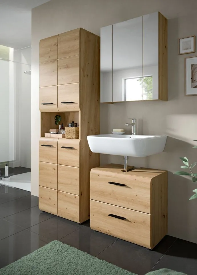 Inn.Furn Badezimmerspiegelschrank Cover (Badschrank in Artisan Eiche, 3-türig / 3D, 60 x 70 cm) mit 9 Fächern, Beige, – Produktbild 4 von 5