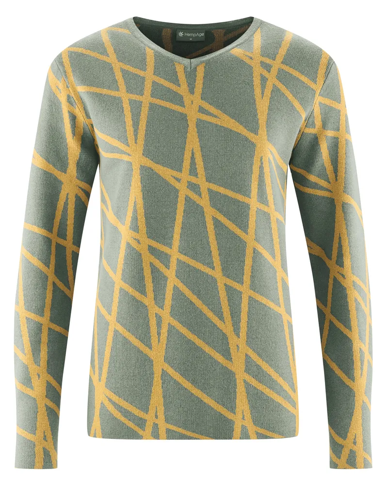 HempAge Hempage Herren vegan Pullover Mit Modernem V-Ausschnitt Thymiangrün/Dijon-Gelb, Grün, – Produktbild 1 von 2