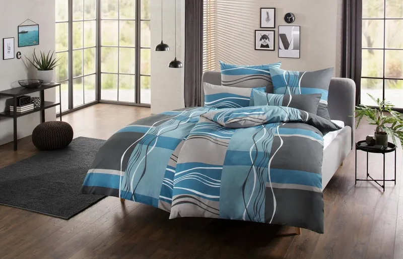 OTTO home Bettwäsche Kelian in Gr. 135x200, 155x220 cm u.a. Bettwäsche-Set mit Baumwolle, Linon, 2 teilig, in verschiedenen Qualitäten, gemusterte Bettwäsche, Blau|grau, – Produktbild 3 von 5