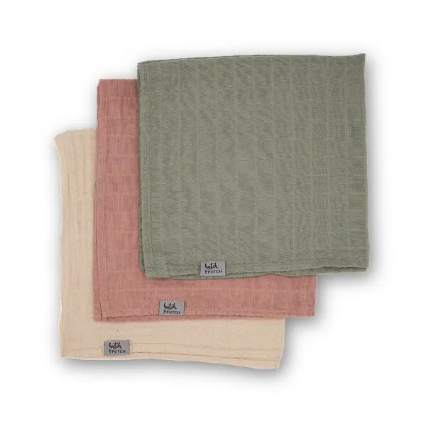 Hutch&Putch Hutch&Putch 3er-Set Musselin-Mulltuch aus Bio-Baumwolle in 60x60cm • einfarbige Mulltücher, Rosa/salbeigrün/cremeweiß, – Produktbild 2 von 3