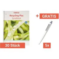 Memo 30 Stk. memo Spiralo A4 kariert 80 Blatt RC-plus+Gratis 5 Stk. Schneider 'K3 Biosafe' blau – Produktbild 1 von 1