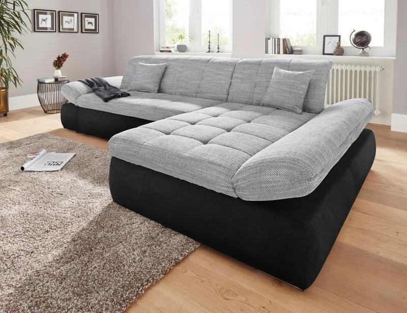 DOMO collection Ecksofa PB MORIC wahlweise mit Bettfunktion + Armteilverstellung, L-Form, im XXL-Format, B/T/H:300/172/80 cm, feine Steppung, Schwarz|silberfarben, – Produktbild 1 von 7