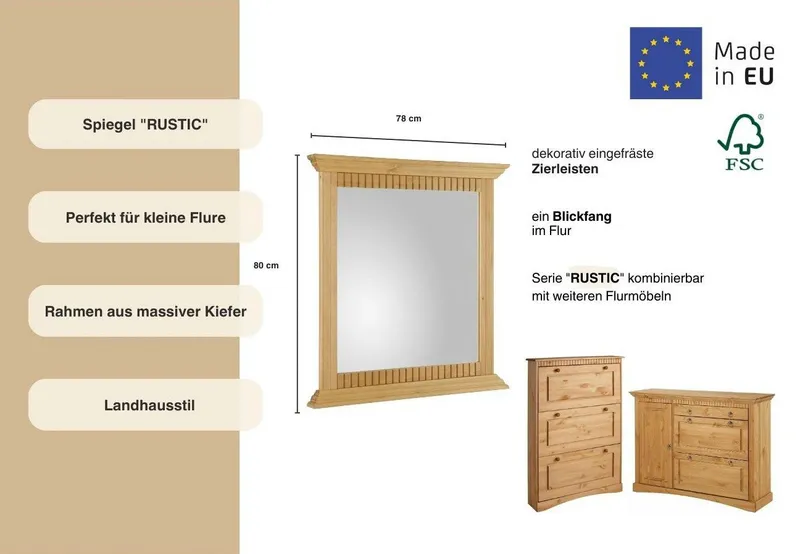 OTTO home Spiegel Rustic, Garderobenspiegel, Landhausstil (Made in Europe), Rahmen in Kiefer massiv, Breite 78 cm, mit Zierfräsungen, Beige, – Produktbild 3 von 5