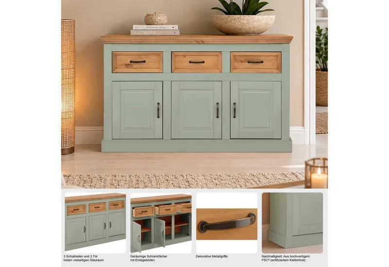 OTTO home Sideboard Selma Kommode mit 3 Türen, 3 Schubläden und 6 Fächer, Metallgriffe, aus massivem Kiefernholz, 3 Einlegeböden, mit dekorativer Fräsung, Weiß, – Produktbild 3 von 5