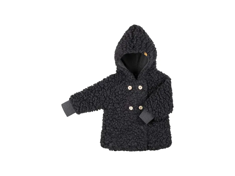 Pure pure by Bauer PURE PURE by Bauer Kinder Jacke Bio-Schurwolle Plüsch mit Kapuze Doppelreiher anthrazit Gr. 98/104, Grau, – Produktbild 1 von 2