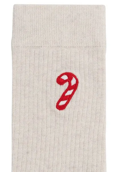 MELA MELA Gerippte Socken mit Stickerei, 1er Pack, Cream melange / candy cane, – Produktbild 4 von 5