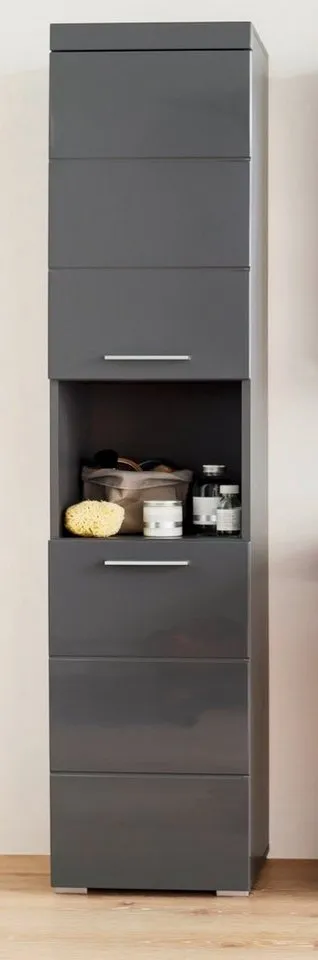 trendteam Hochschrank Amanda (Badschrank in grau, 2-türig, 37 x 190 cm) Hochglanz, Grau, – Produktbild 3 von 5