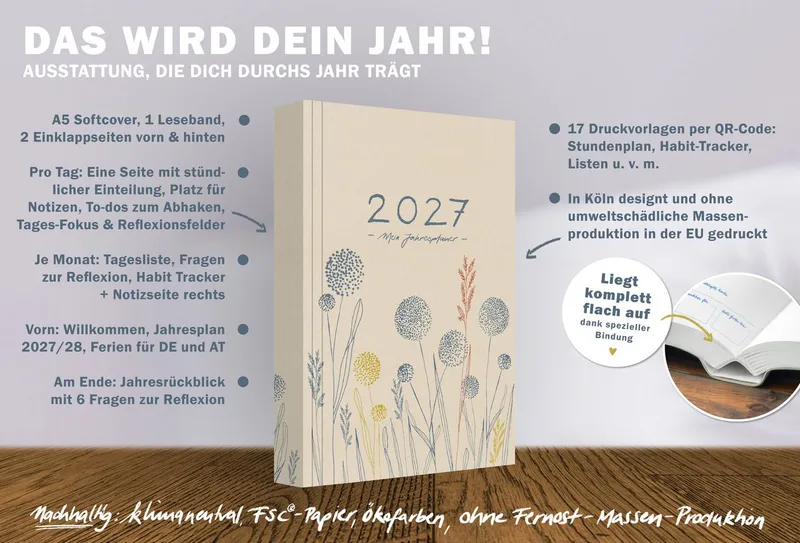 Eine der Guten Verlag Terminkalender Terminkalender Terminplaner 2027 - 365 gute Tage A5, Creme Blau, 1 Seite/ Tag, 408 S. FSC-Papier, Softcover, klimaneutral, Beige|blau|gelb|rot, – Produktbild 3 von 5