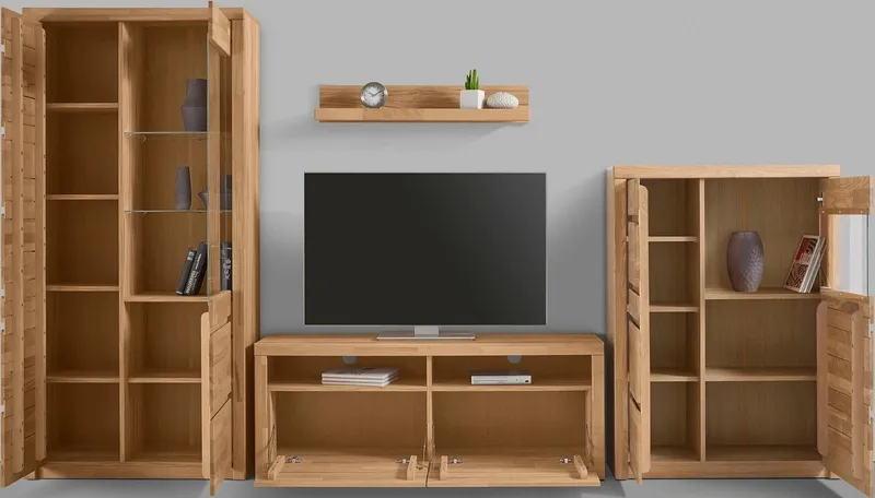 OTTO home Wohnwand Silkeborg: 4-teilig, Breite: 320cm, Griffmulden, Fronten Massivholz, (Set, 4-St), Set besteht aus 1 Vitrine, 1 Lowboard, 1 Sideboard und 1 Wandregal, Braun, – Produktbild 3 von 5