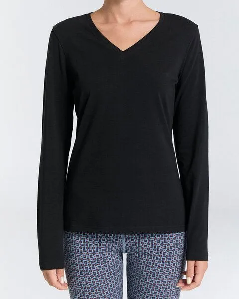 Leela Cotton Leela Cotton Damen V-Neck Langarmshirt, Schwarz, – Produktbild 1 von 5