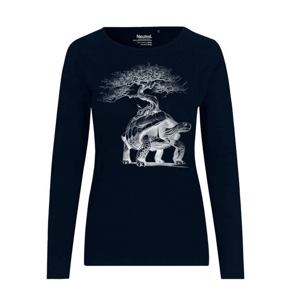 HANDGEDRUCKT HANDGEDRUCKT "Lange Reise" Frauen Longsleeve aus reiner Biobaumwolle (kbA), Navy blue, – Produktbild 1 von 3