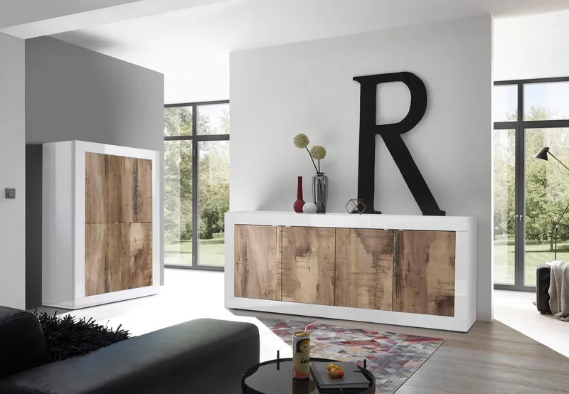 Home affaire Highboard Basic Höhe 162 cm, Breite 102 cm, Kommode 4 Türen, Hochkommode, Metallgriff, moderne Rahmenoptik, viel Stauraum, Farbauswahl, Weiß, – Produktbild 7 von 8