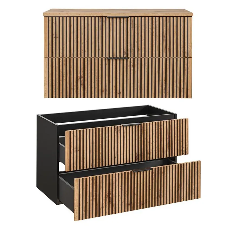 Lomadox Waschbeckenschrank XANTEN-56 100 cm in anthrazit mit Eiche Nb. schwarz gerillt, Braun|grau, – Produktbild 3 von 5
