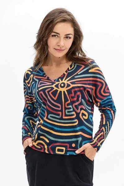 KOKOworld Bluse Saja Longsleeve – Viskose farbenfroher KOKOworld Print weiter Schnitt V-Ausschnitt – perfekt für Yoga – Fair produziert, Laberinto (mehrfarbig), – Produktbild 1 von 4